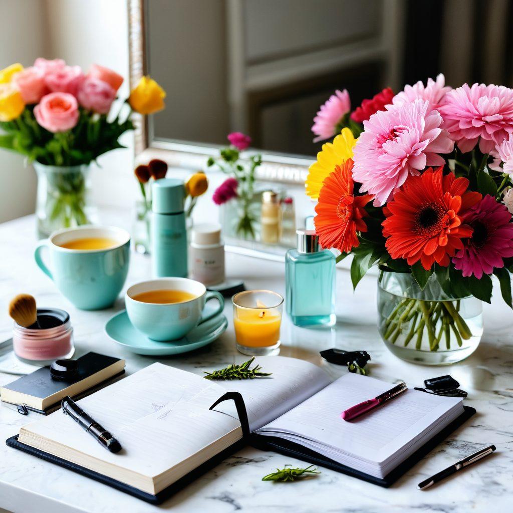 A beautifully arranged table with skincare products, makeup tools, and fresh flowers. In the background, a mirror reflects a soft, warm light, creating an inviting atmosphere. A notebook with handwritten beauty tips lies open next to a cup of herbal tea, symbolizing relaxation and self-care. The overall composition conveys a sense of elegance and timeless beauty. vibrant colors. soft focus.