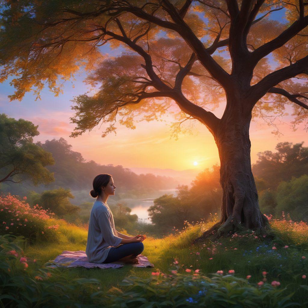 A serene scene of a person meditating under a glowing tree at sunset, surrounded by ethereal fireflies that illuminate their radiant face. The sky transitions from fiery oranges and pinks to a soft twilight blue, symbolizing transformation. Lush greenery and vibrant flowers frame the scene, enhancing the enchanting glow. super-realistic. warm colors. ethereal atmosphere.